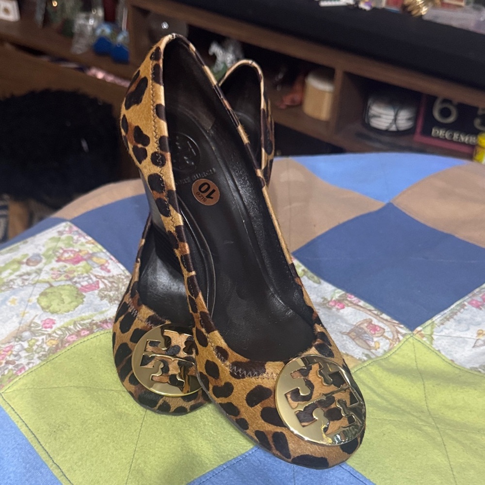 Tory Burch Leopard Print Wedges with Gold Logo - never worn